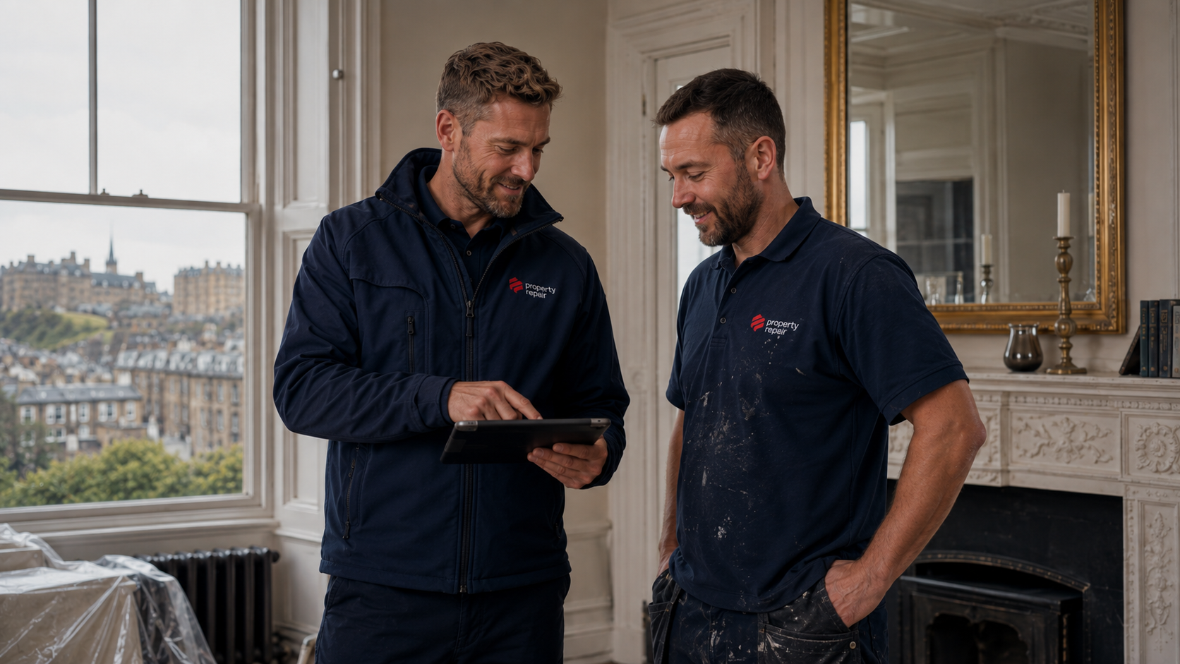 Property Repair Surveyor discussing the works with Property Repair Plasterer